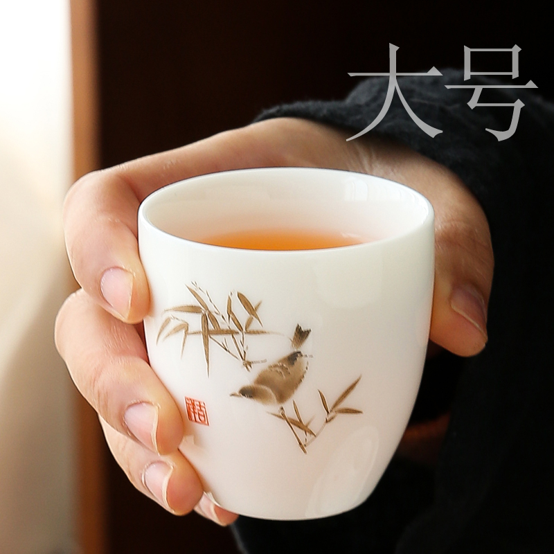 100ml大号白瓷品茗杯家用普洱茶杯羊脂玉单杯茶盏功夫茶具主人杯