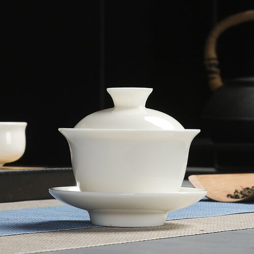 羊脂玉瓷盖碗茶杯德化纯白瓷撇口