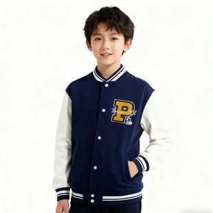 HM春秋季新款男童洋气加薄拉绒暗扣开衫中大童棒球服男孩外套