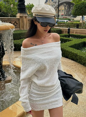 kilonova欧美辣妹长袖一字肩包臀连衣裙慵懒风百搭时尚短裙