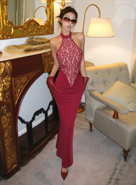 Kilonova欧美高端轻奢小众礼服连衣裙红色露背收腰无袖拼接长裙女