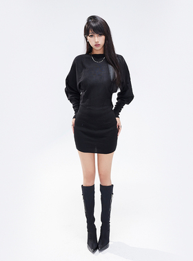 kilonova收腰连衣裙女复古性感辣妹一字领蝙蝠袖秋冬内搭打底短裙