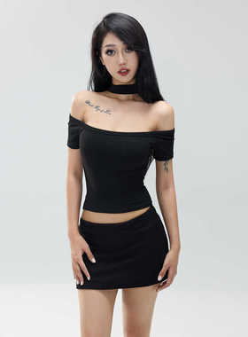 Kilonova纯欲一字肩凉感上衣显瘦高腰短款露脐百搭修身短袖T恤