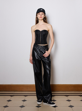 Kilonova辣妹高腰直筒黑色PU皮裤女2025秋冬季新款百搭休闲长裤