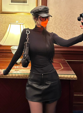 Kilonova高领黑打底衫短皮裤裙套装天丝羊毛高领T恤双侧拉链皮裙