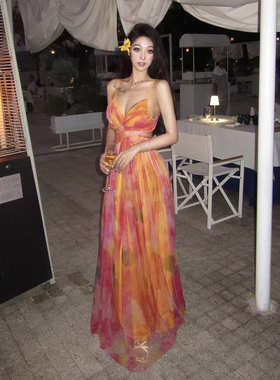 Kilonova连衣裙欧美碎花网纱印花吊带露背海边度假休闲黄色长裙