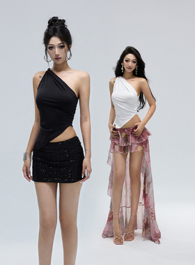 Kilonova欧美辣妹单肩卷边背心吊带女夏季性感简约风修身纯色上衣