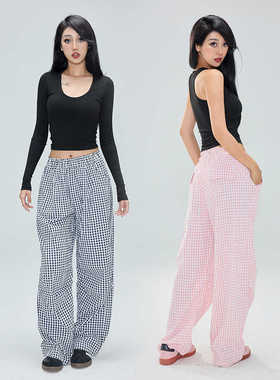 Kilonova夏季新款格子阔腿裤女韩版高腰松紧腰休闲拖地裤长裤