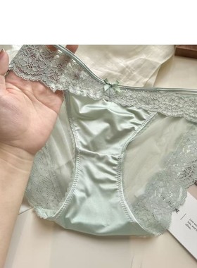 绿色轻奢青春包臀诱惑少女中低腰内裤性感法式缎面拼蕾丝内裤女士