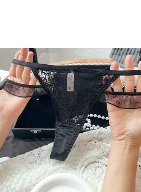 火辣魅力挂腰透气网纱蝴蝶结黑色女士内裤蕾丝丁字裤性感风