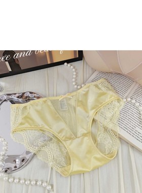 。黄色内裤女士舒适透气亲肤内裤甜美蕾丝花边网纱蝴蝶结性感纯欲