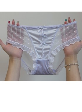 纯欲迷人透明网纱诱惑三角裤紫色白色~ 性感蝴蝶结缎面蕾丝内裤女