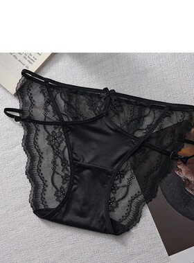 三角裤清透网纱轻薄透视中低腰细带蝴蝶结女内裤性感高开叉黑色