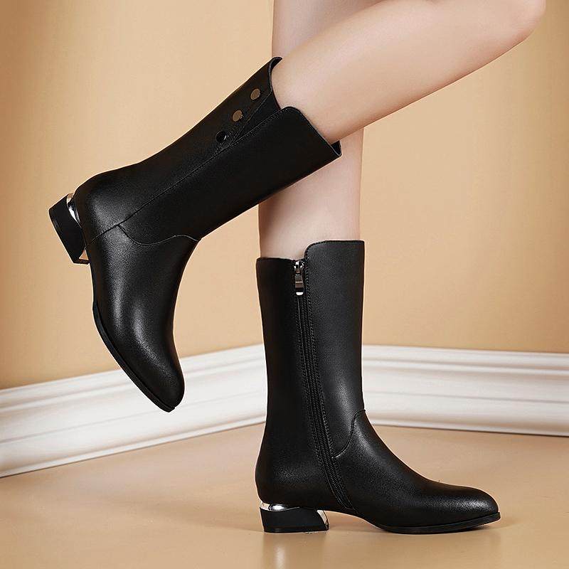 真皮百丽米宜2025冬新款平底低跟中筒靴时尚磨砂皮马丁靴尖头女靴,女鞋,时装靴,淘宝优惠券,粉丝福利购,淘宝优惠卷