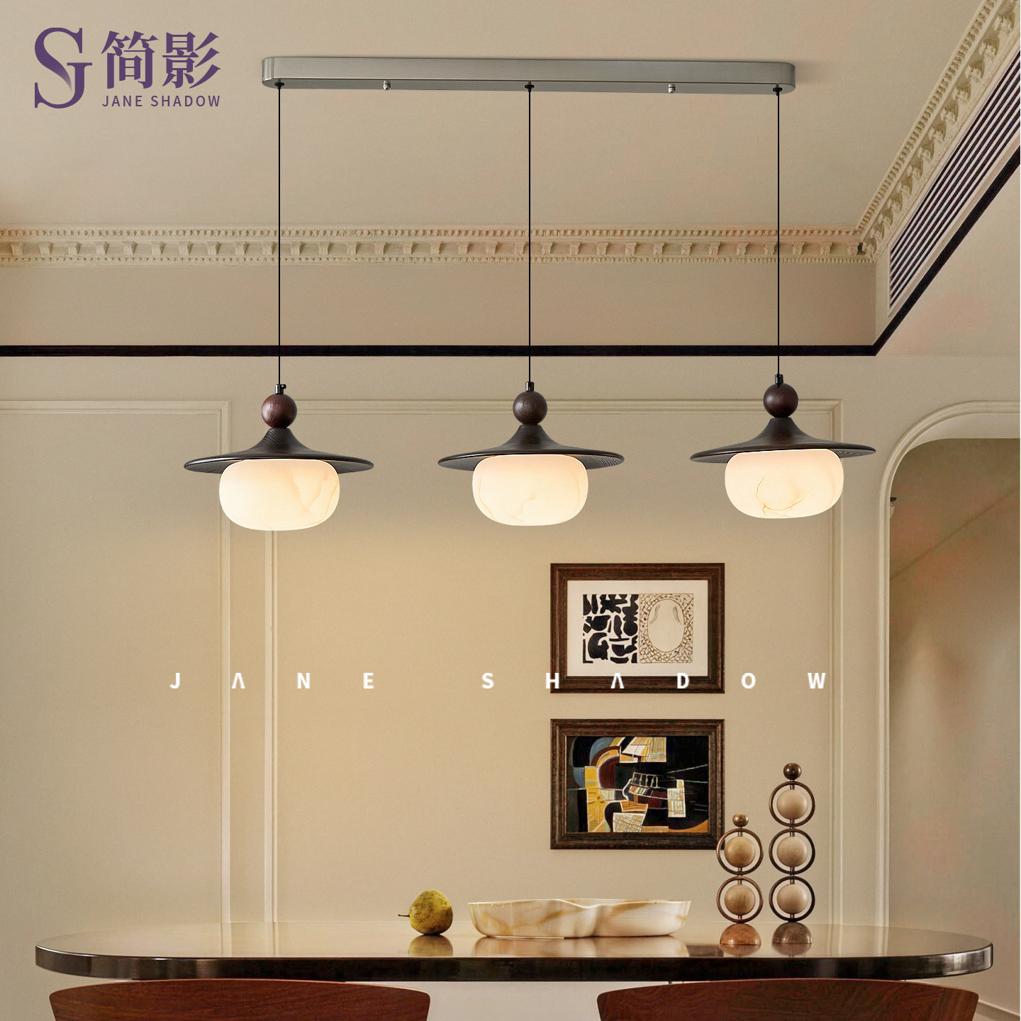 法式中古风餐厅吊灯实木仿云石飞碟灯岛台餐桌吧台复古三头长条灯