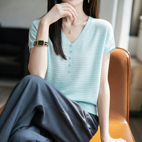 天丝亚麻v领镂空针织衫女款爆款2026夏季新款韩系百搭飞飞袖上衣