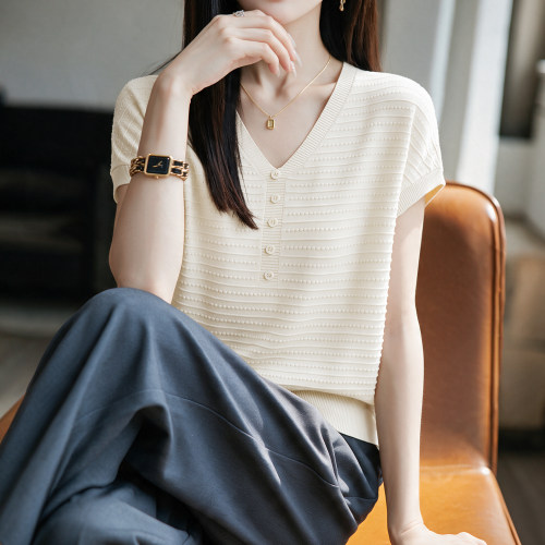 天丝亚麻夏季新款2026宽松显瘦百搭飞飞袖针织衫v领设计感上衣女
