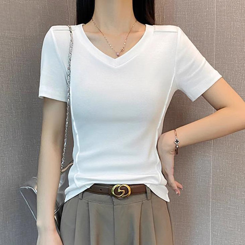 莱赛尔天丝v领短袖t恤女士爆款2026新款正牌正品修身显瘦洋气上衣