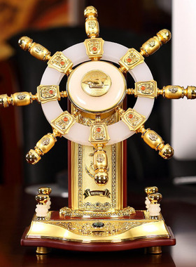 玉石舵手摆件金属舵轮工艺品中式家居客厅办公室桌创意装饰品摆设