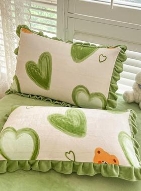 冬季牛奶绒枕套枕头套双面加绒一对2只加厚珊瑚绒花边内胆套ab面