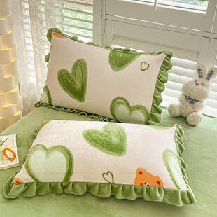 冬季牛奶绒枕套枕头套双面加绒一对2只加厚珊瑚绒花边内胆套ab面