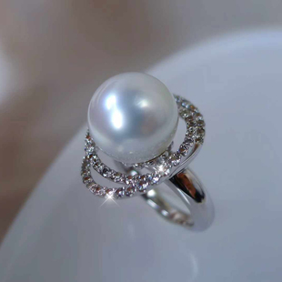 纯翠珠宝现货新品 天然海水南洋澳白珍珠戒指18K金钻石冷白光正圆