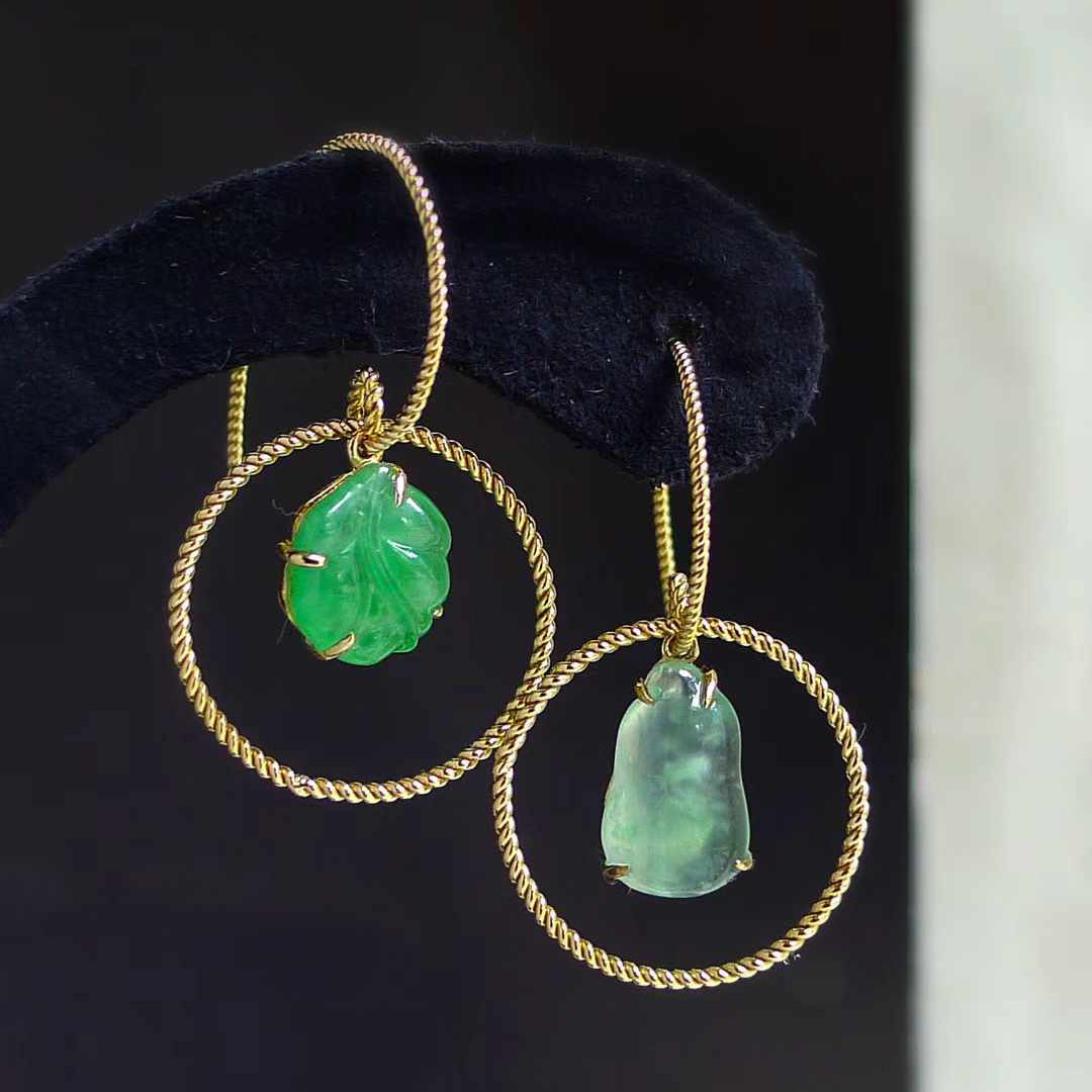 纯翠珠宝现货新品天然A货翡翠白菜福瓜耳环18K金麻花圈圈百财福挂