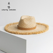 春夏新款 草帽皮带毛边大檐手编拉菲草爵士帽子女防晒沙滩海边度假