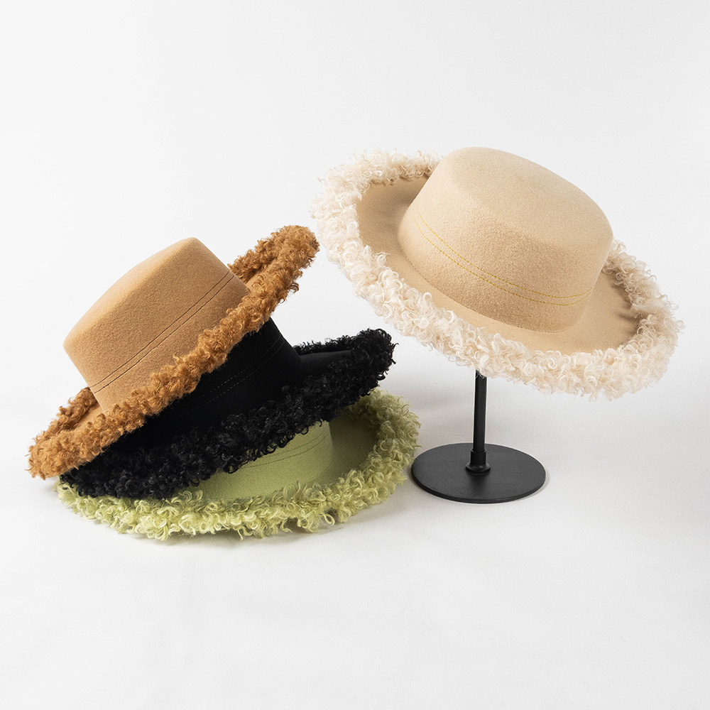 秋冬新款时尚休闲圈卷毛帽檐平顶羊毛礼帽女士户外逛街保暖网红帽