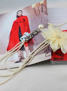 韩版甜女 布艺花朵 长款多层毛衣链 胸针珍珠项链两用