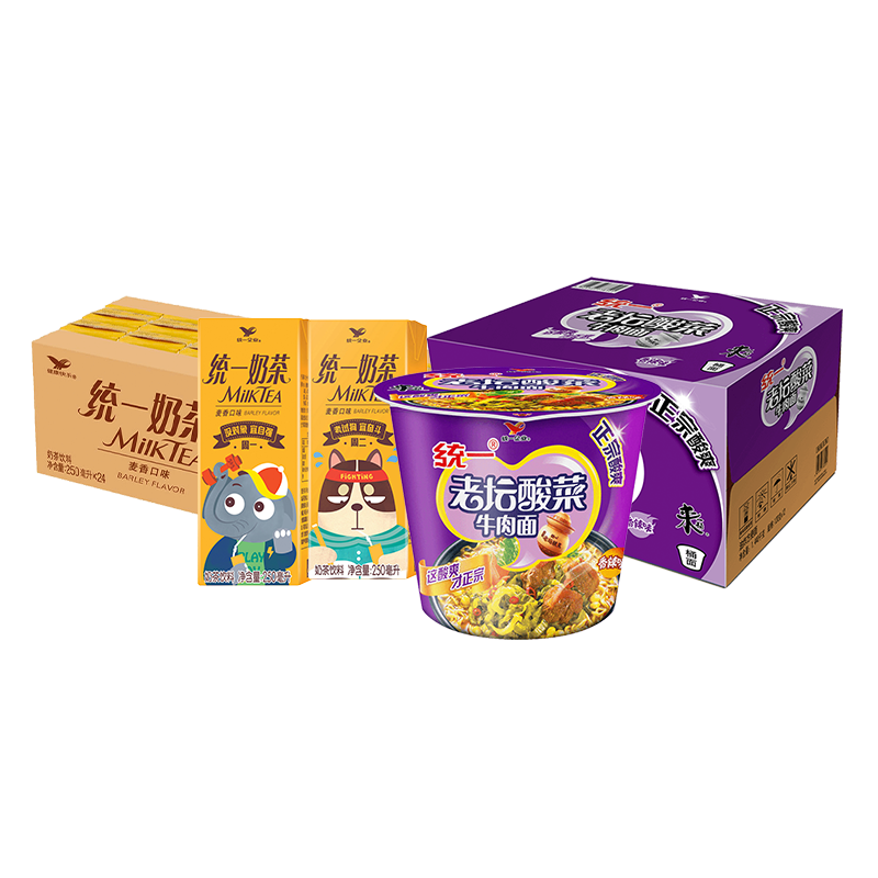统一250ml*24盒奶茶+老坛酸菜桶面整箱12桶
