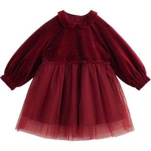 马克珍妮女童娃娃领烫银丝绒连衣裙儿童新年红裙子宝宝冬装231575