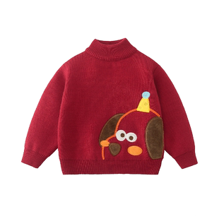 [骏马福裳一体绒]齐齐熊男童毛衣加绒红色儿童新年半高领宝宝冬季