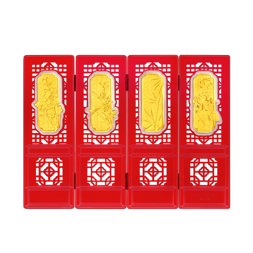 周大福梅兰竹菊足金黄金金章配红色亚克力屏风摆件EOR1703礼物
