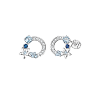 梦金园蓝色锆石纯银耳钉S925小清新花环银首饰小众高级生日礼物