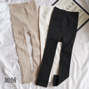 秋冬中厚女童打底裤加绒外穿儿童裤袜不连脚宝宝裤子白色九分薄绒