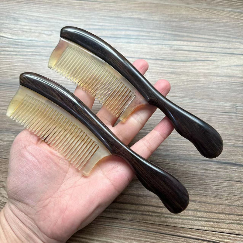 加厚手柄乌木黑檀木梳镶羊角紫光檀牛角梳子礼盒女士礼物
