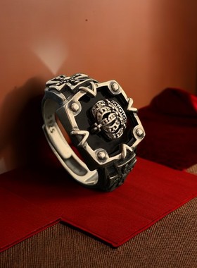 欧美复古十字军黑玛瑙皇冠泰银戒指男女时尚个性小众藏银情侣指环