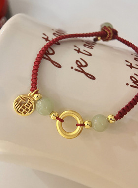 沙金古法金福牌手绳女生秋冬手工编织平安扣手链可调节手饰闺蜜礼
