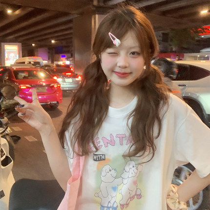 [现货]YUKIXIAOSHU自制可爱小狗印花短袖T恤女夏季韩系宽松圆领