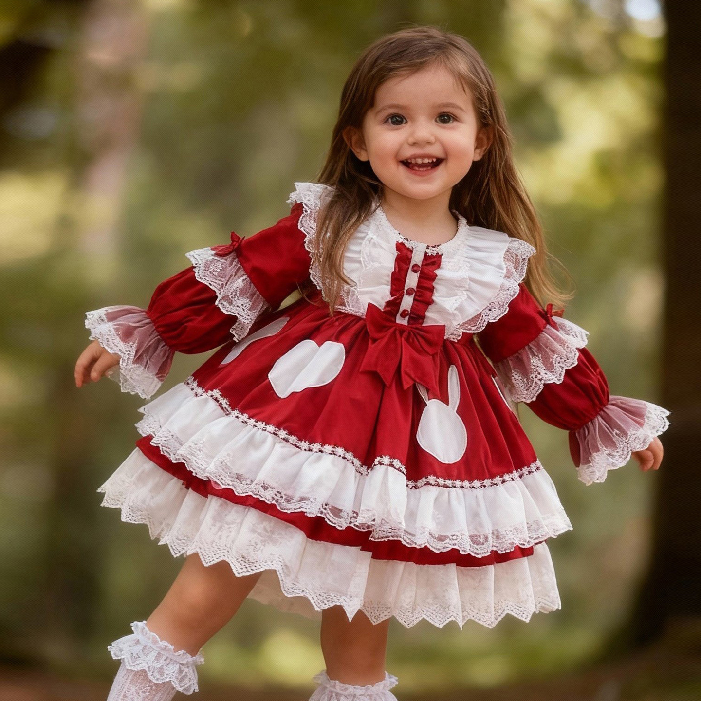 洛丽塔洋装蕾丝花边长袖连衣裙女童洋气蝴蝶结荷叶边公主裙秋冬款