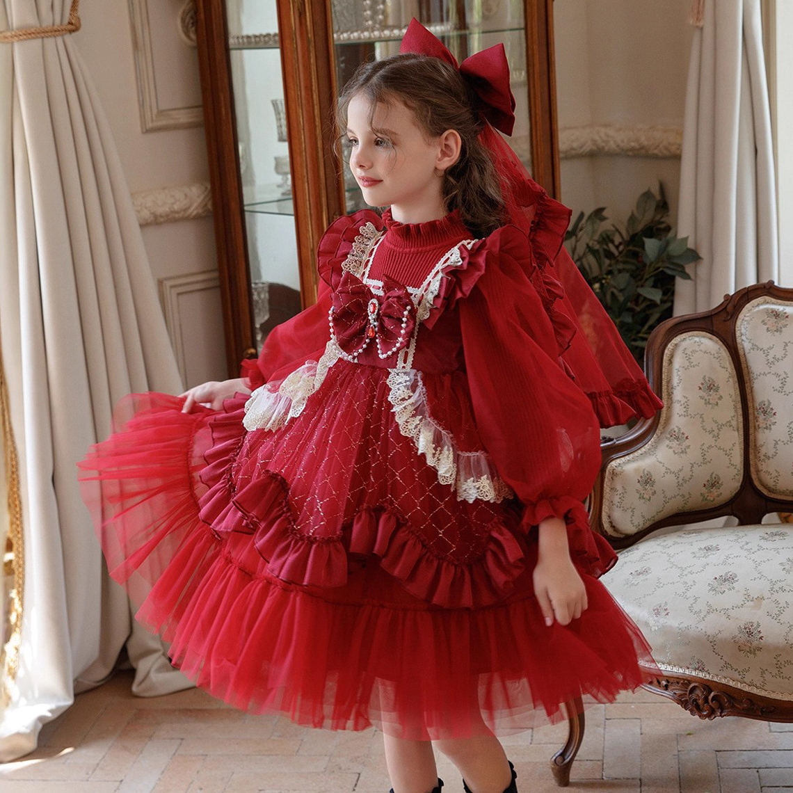 女童洛丽塔宫廷风红色蓬蓬连衣裙