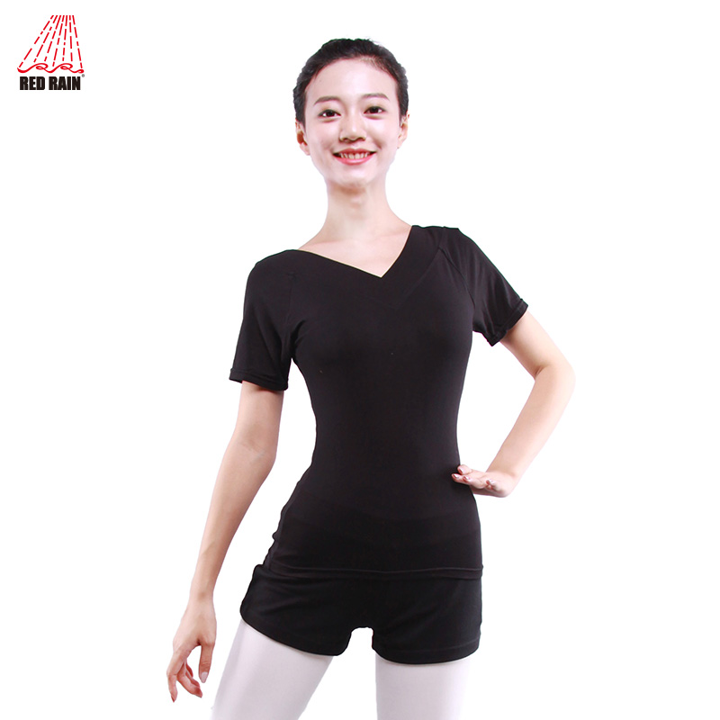 红雨舞蹈服女生短袖女拉丁健美操广场舞上衣v领形体练功服莫代尔