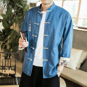 20秋冬大码牛仔盘扣外套风刺绣情侣休闲夹克bf唐装JK17/P155