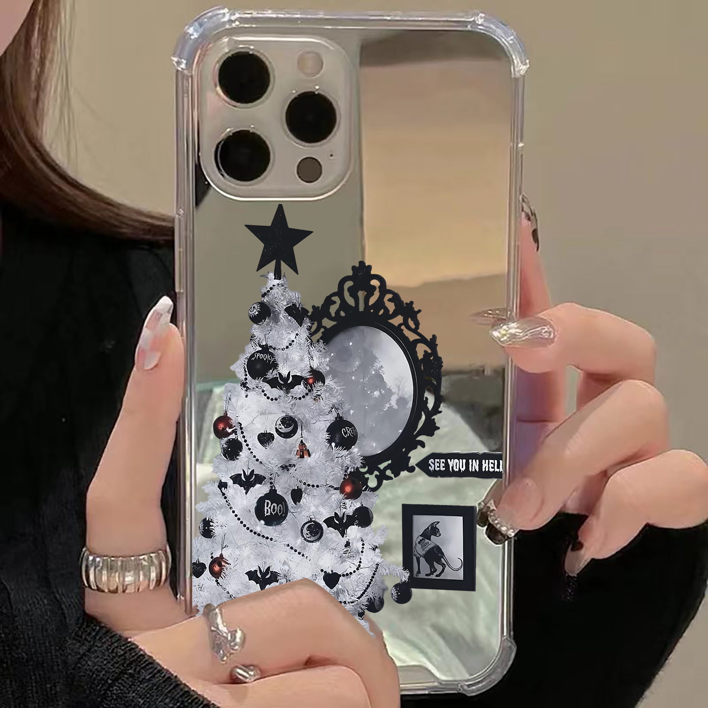 哥特风圣诞树苹果适用iPhone17苹果15手机壳16ProMax荣耀90冷淡14华为Mate70Pro镜面子P80暗黑少女oppo小米vi