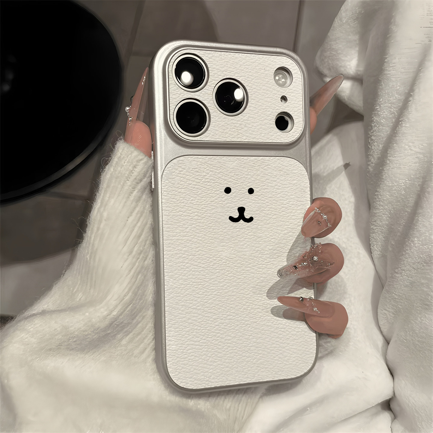 自嘲熊韩国博主ins同款适用iPhone17苹果18手机壳16ProMax高级皮纹15镜面14极简补妆镜13电镀银12女X大视窗11