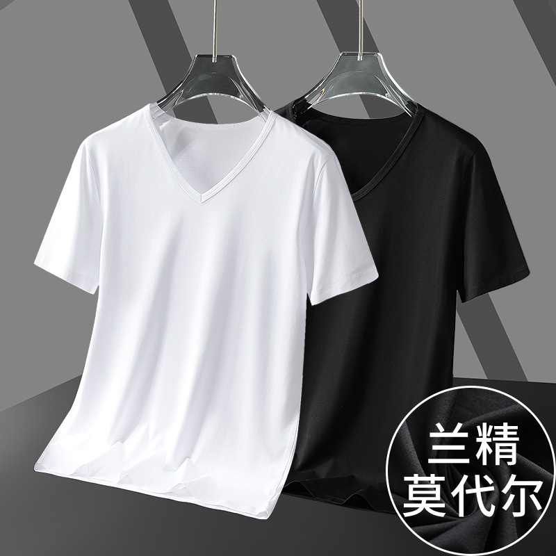 莫代尔棉短袖t恤男装夏季潮流V领纯色白色冰丝冰感修身半袖打底