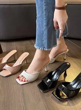 网红同款仙女夏外穿2023新款百搭时尚细跟凉拖鞋中跟潮流凉鞋白色