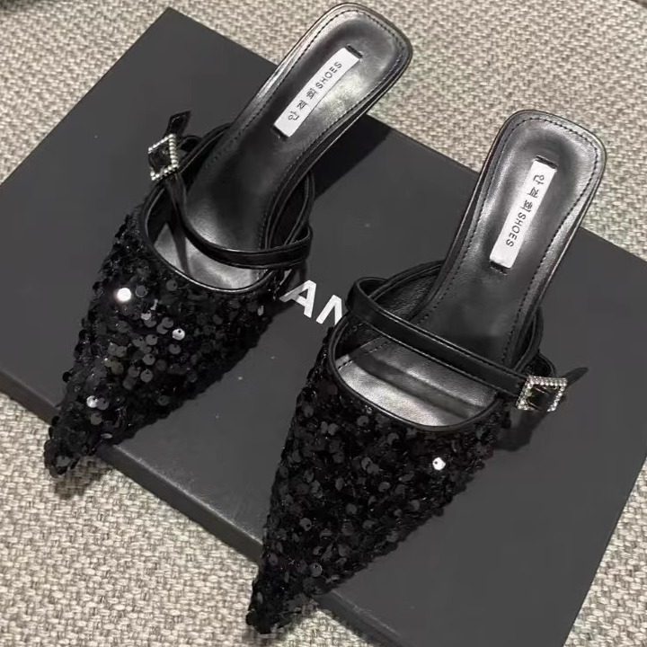 粉色中跟凉拖鞋包头半拖鞋女外穿夏季新款亮片尖头穆勒女鞋高级感,女鞋,包头拖,淘宝优惠券,粉丝福利购,淘宝优惠卷