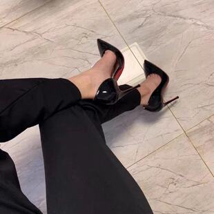 2025年女浅口细跟性感漆皮单鞋春夏季新款百搭尖头侧空裸色高跟鞋